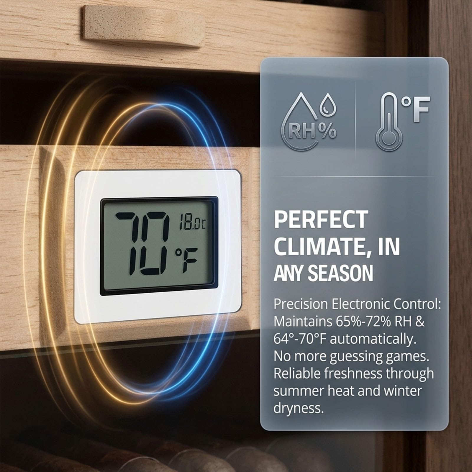 Elektrischer Zigarren Humidor mit Digitalem Display, Kleiner Schrankhumidor für 110 Zigarren, Luxus Zigarrenbox aus Zedernholz mit Bidirektionaler Feuchtigkeitsregulierung(Brown,with Window)