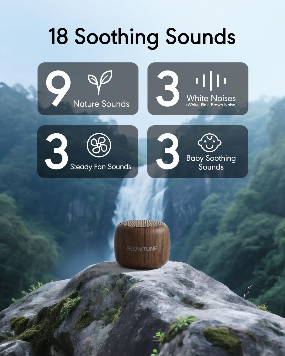 FLOWTUNE Máquina de sonido de ruido blanco para bebés adultos, 18 sonidos sin bucle, temporizador, función de memoria, regalo portátil de terapia de sonido para dormir (grano de madera)