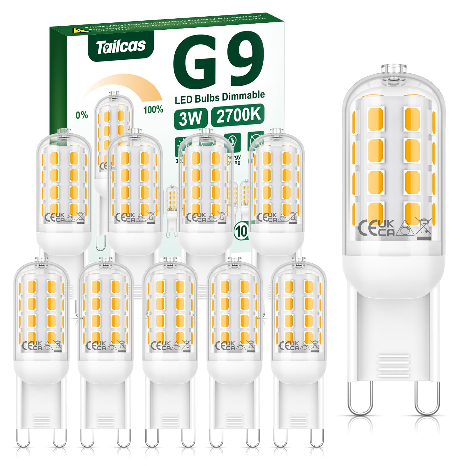 Tailcas G9 LED Bulbs Dimmable Warm White 2700K, 3W 320LM G9 Bulb Equivalent to 30W Halogen Bulb, No Flicker AC 220-240V, Energy Saving G9 Led Light Bulbs for Chandelier, Crystal Lamp, 10 Pack — image 1