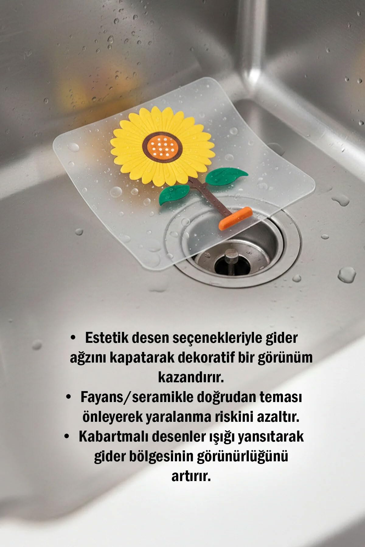 TİNEKE Ayçiçeği Kare Silikon Kötü Koku Önleyici Gider Kapağı – Banyo, Mutfak, Balkon Lavabo Tıpası 14,5x14
