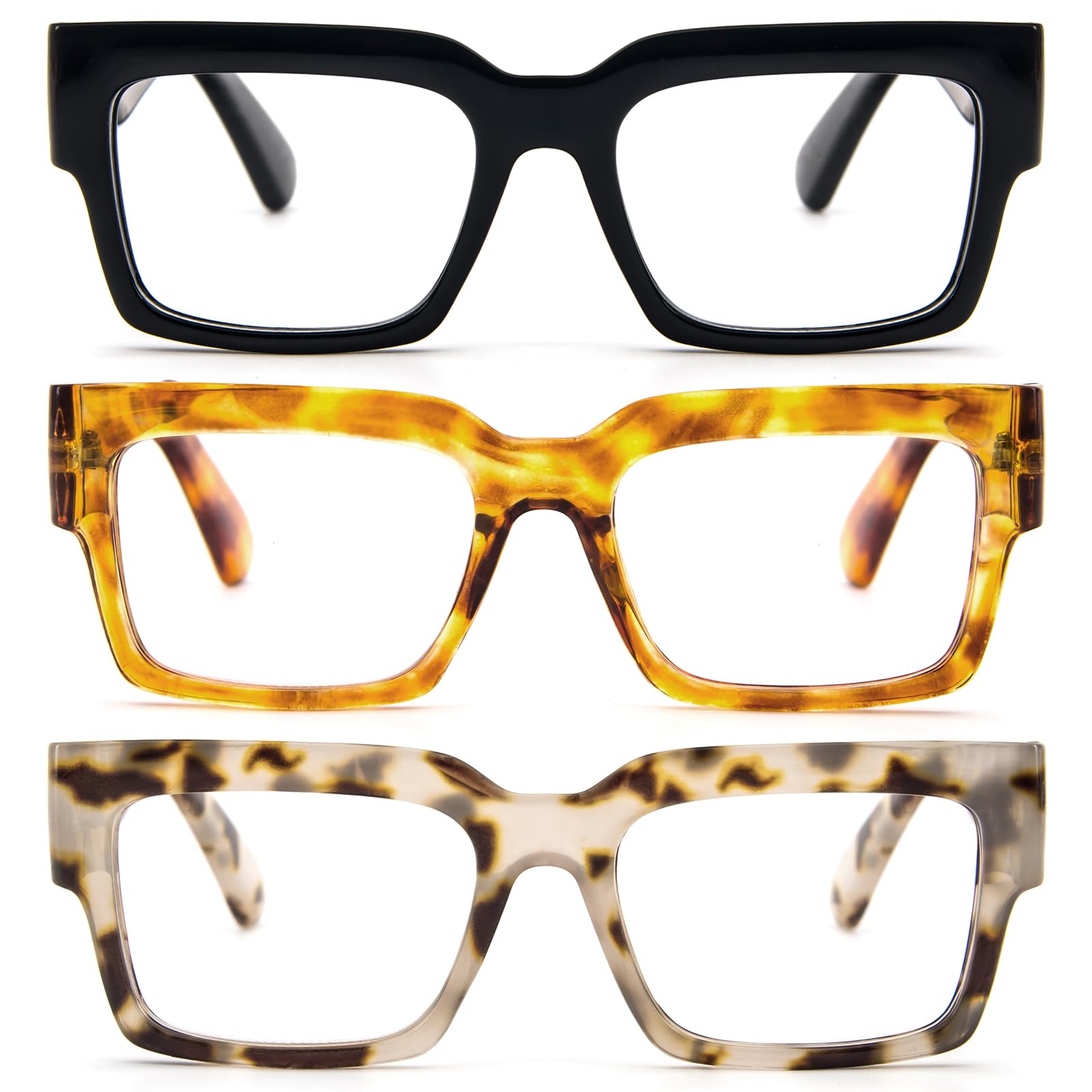 MMOWW Paquete de 3 Gafas de Lectura Cuadrados - Gafas de Gran Tamaño con Para Mujeres y Hombres +1.5