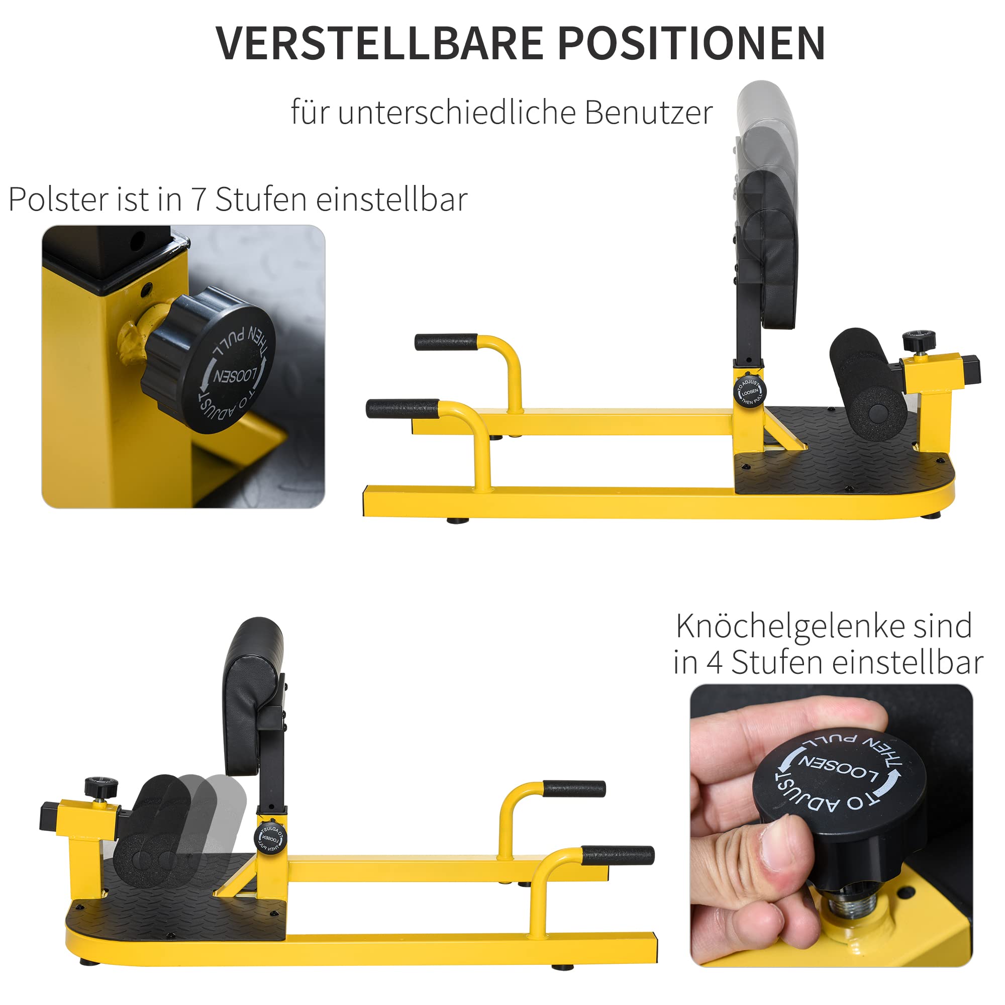 HOMCOM Sissy Squat Kniebeugentrainer Beintrainer Bauch-Gesäß-Trainer 3 in 1 Trainer verstellbar bis 120 kg Stahl Schwarz/Gelb 50 x 97 x (44,5–56,5) cm