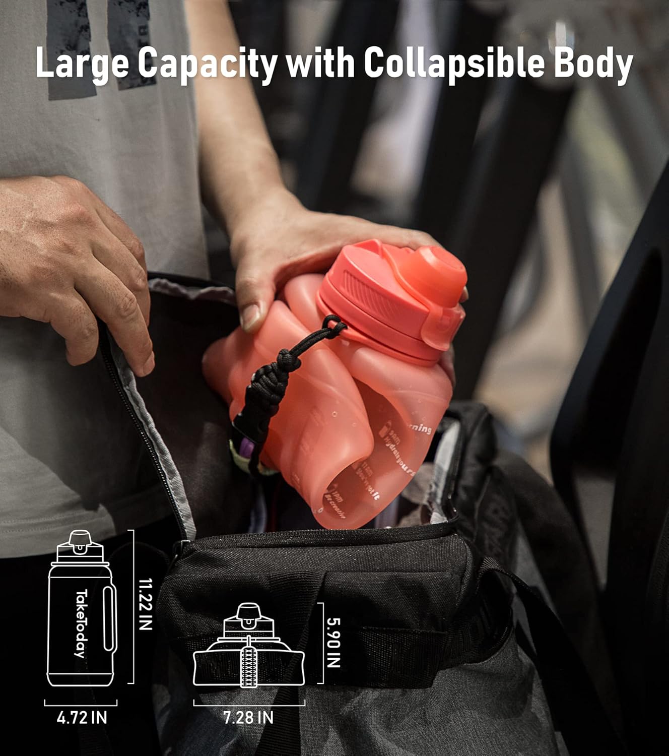 TakeToday 68 Oz Collapsible Water Bottles With Straw, Half Gallon Water Bottle With Motivational Time Marker, Large Reusable Silicone Water Jug With Paracord Handle For Gym, Sports, Outdoors