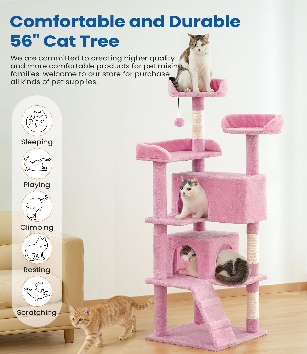Cat Tree Tower 56in Cat Trees Multi-Level Cat Condos with Spacious Perch, 2 Cozy Condos, Scratching Posts, Climbing Ladder, Toy Ball, Durable Pet House Furniture for Indoor Kittens, Pink