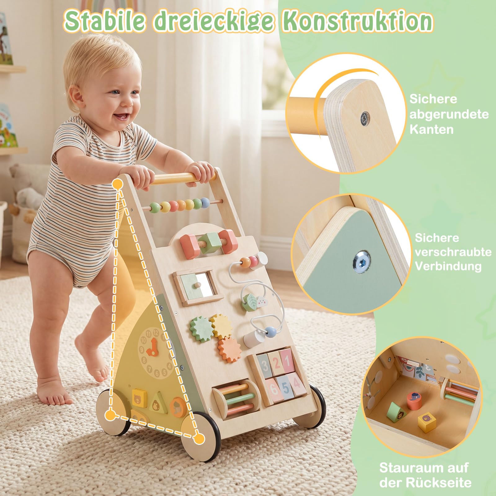 GOPLUS 2 in 1 Baby Lauflernwagen, Lauflernhilfe Holz mit Spielbrett, Laufwagen mit 4 Rädern & Stauraum, Baby Walker & Kinder Aktivitätszentrum, Montessori Holzspielzeug für Jungen & Mädchen ab 1 Jahr