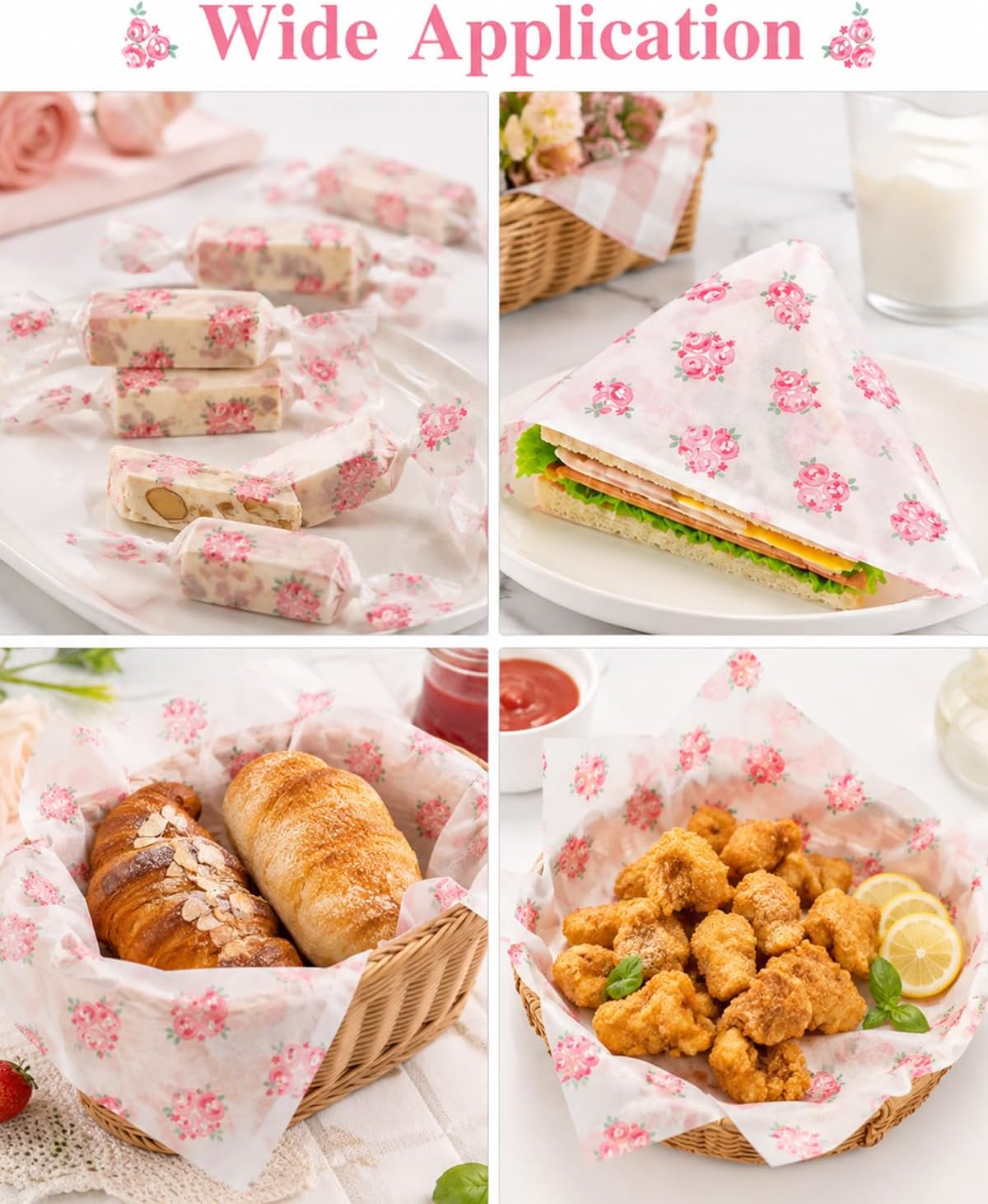 100 Sheets Floral Wax Paper for Food Wrapping 9.8 x 8.5 Inch Chinoiserie Rose Design Waterproof Cookies Sandwich Gift Wrapping Greaseproof Deli Paper Food Basket Liners for Picnic Kitchen Party Supply image 5