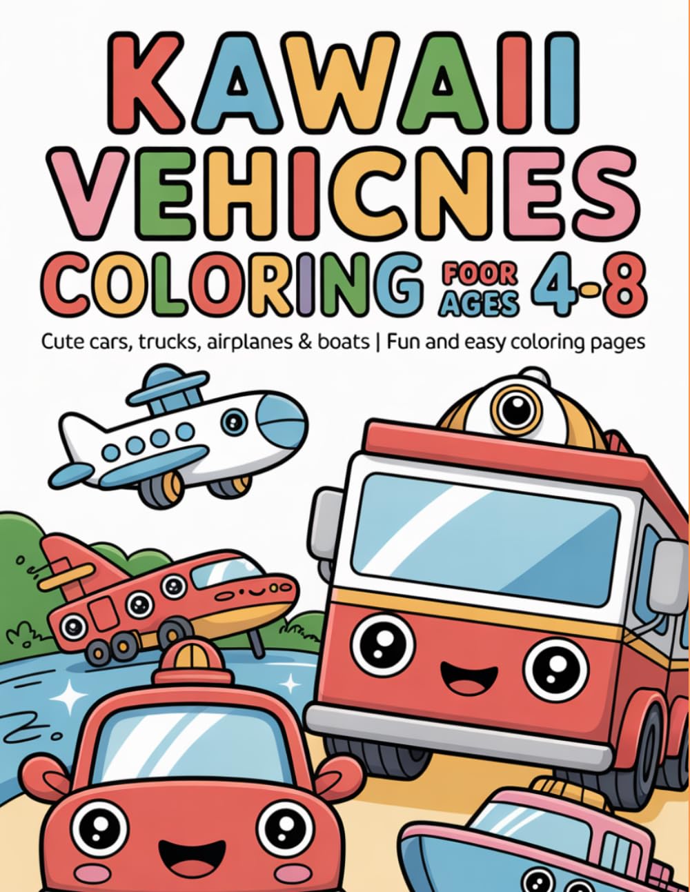 Kawaii Vehicles Coloring Book for Kids Ages 4–8: Cute Cars, Trucks, Airplanes & Boats | Fun and Easy Coloring Pages