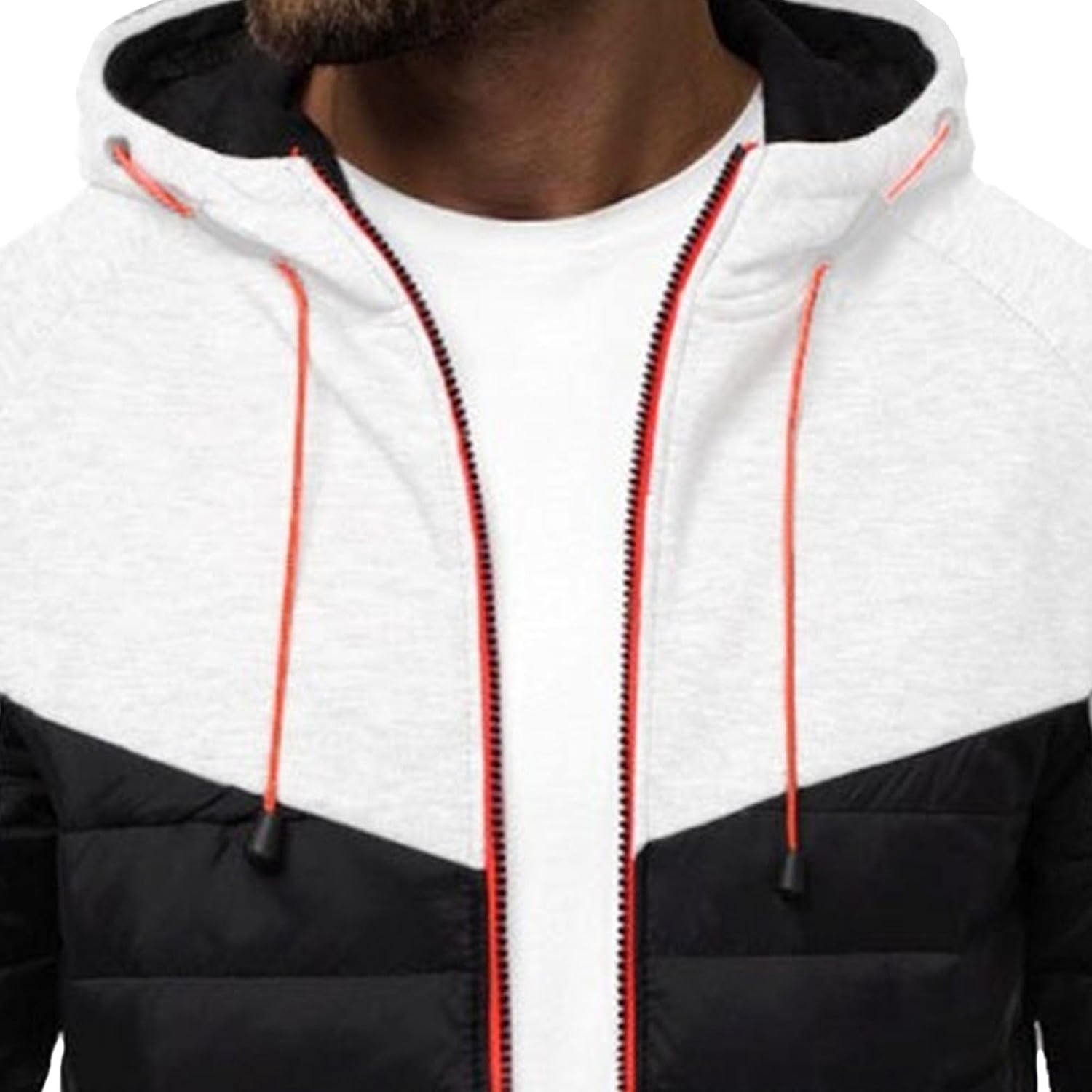 Mens Quilted Hoodies Jackets Long Sleeve Zip Up Puffer Sweatshirts Color Block Padded Jacket for Outdoor Hiking