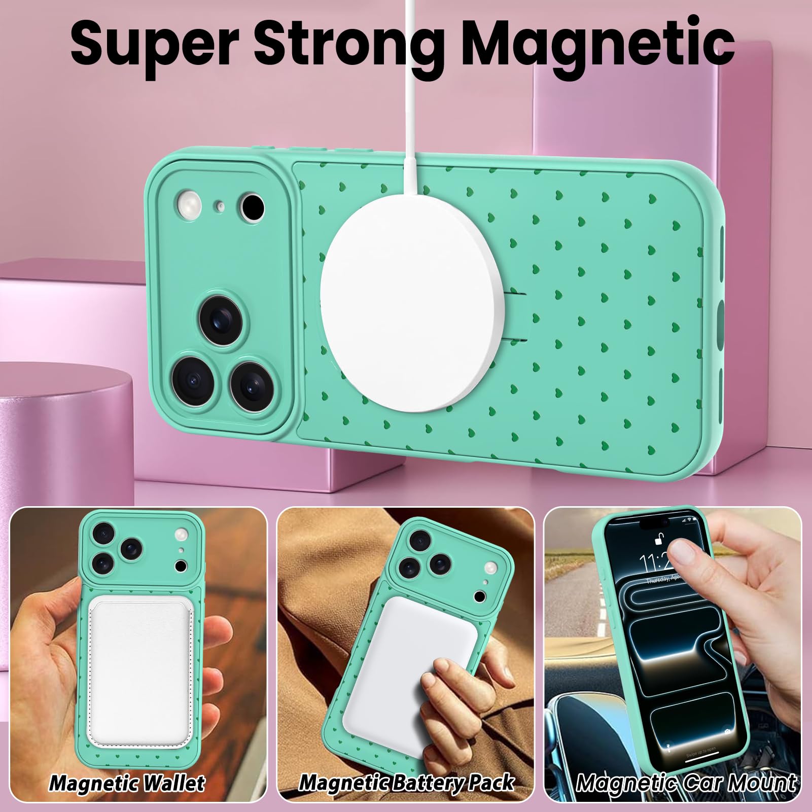 SOKAD Funda magnética con diseño de corazones y lunares para iPhone 17 Pro Max con soporte para correa de dedo, compatible con Magsafe, diseño de lindo amor pequeño diseñado para mujeres y hombres