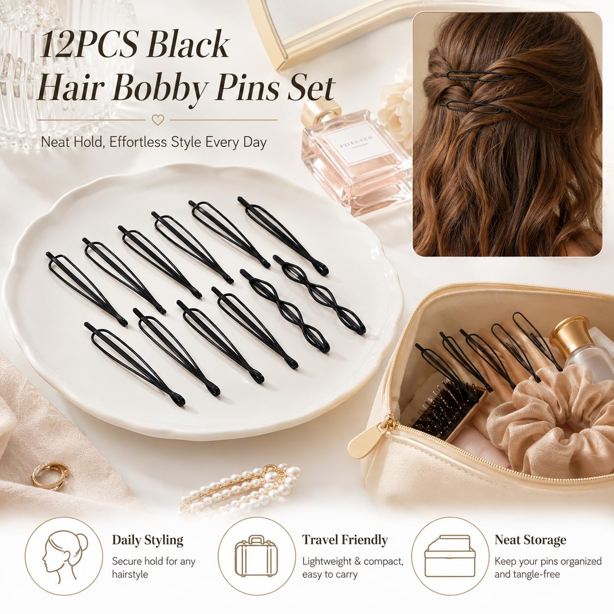 12Pcs Black Hair Bobby Pins, Mini Invisible Bangs Clips, Fashion BB Clip Invisible Bangs Clip Small Bobby Pins for Women and Girls Decorative Wedding Dainty Accessories (C)