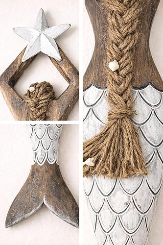 Vista 5 de OMA Arte de pared de sirena para decoración del hogar, playa náutica costera, madera, sirena, estrella, estatua colgante, escultura para decoración