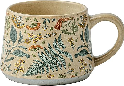 16OZ Ceramic Coffee Latte Mug, Cute Cup for Women, Ideal for Green Tea or Coffee,Hand Painted Floral Design Pottery Mug cyan