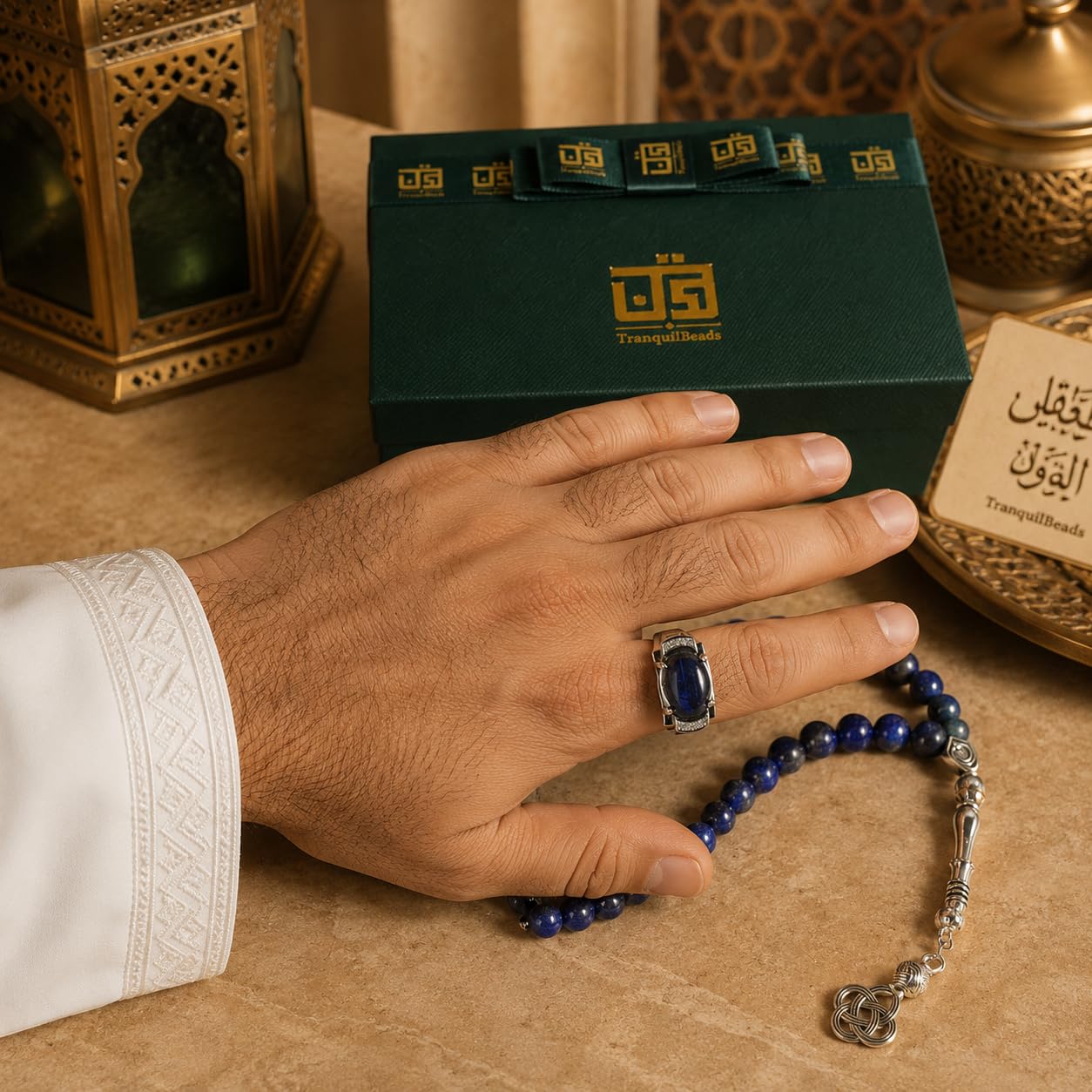 Tasbih niebieskie koraliki kamienne 33 koraliki z niebieskim pierścieniem tygrysie oko i pudełkiem na prezent, łańcuszek modlitewny Misbaha do dhikra i liczenia, zawieszka samochodowa, prezent dla