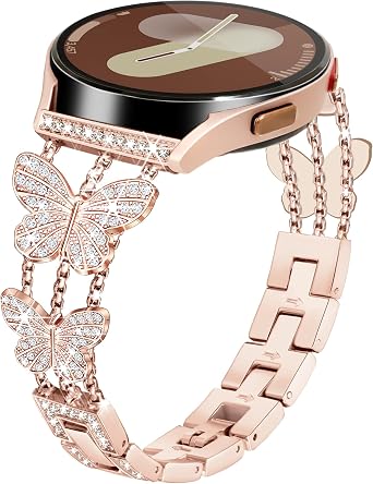 Compatible for Samsung Galaxy Watch 7 6 5 4 FE Band 40mm 44mm, Women Diamond Metal 20mm Watch Band for Samsung Watch Bands 7 6 5 4 FE/5 Pro/Watch 6 4 Classic/Watch 3 41mm/Active 2 Rose Gold