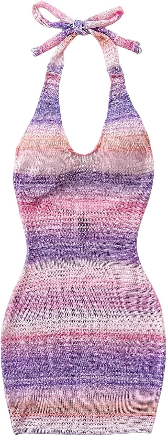 GORGLITTER Women's Crochet Halter Mini Dress Cut Out Colorblock Backless Knit Summer Vacation Beach Cover Up Sundresses