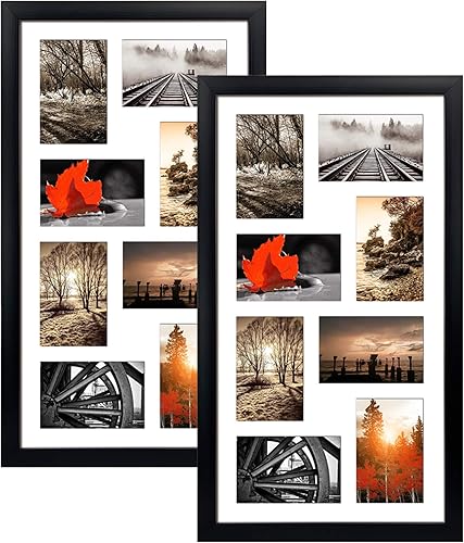 QUTREY Juego de 2 marcos de fotos negros de 10 aperturas de 4 x 6 pulgadas, marco de pared de 18 x 22.5 pulgadas con paspartú blanco para diez fotos