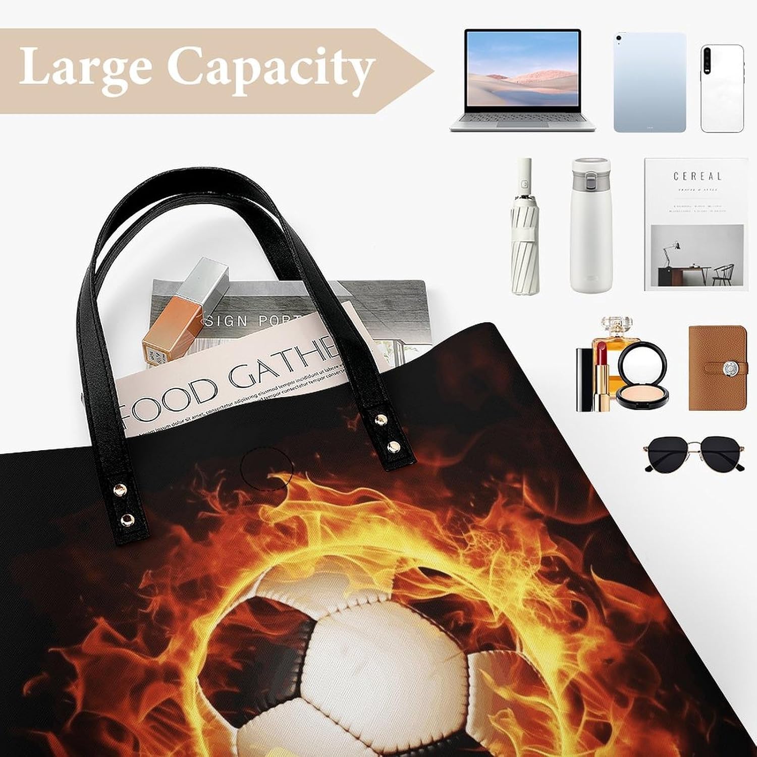 Burning Football Handbags Large Capacity, Tote Bag Stylish Slouchy, Shoulder Bags for Work Beach Travel And Shopping Grocery.