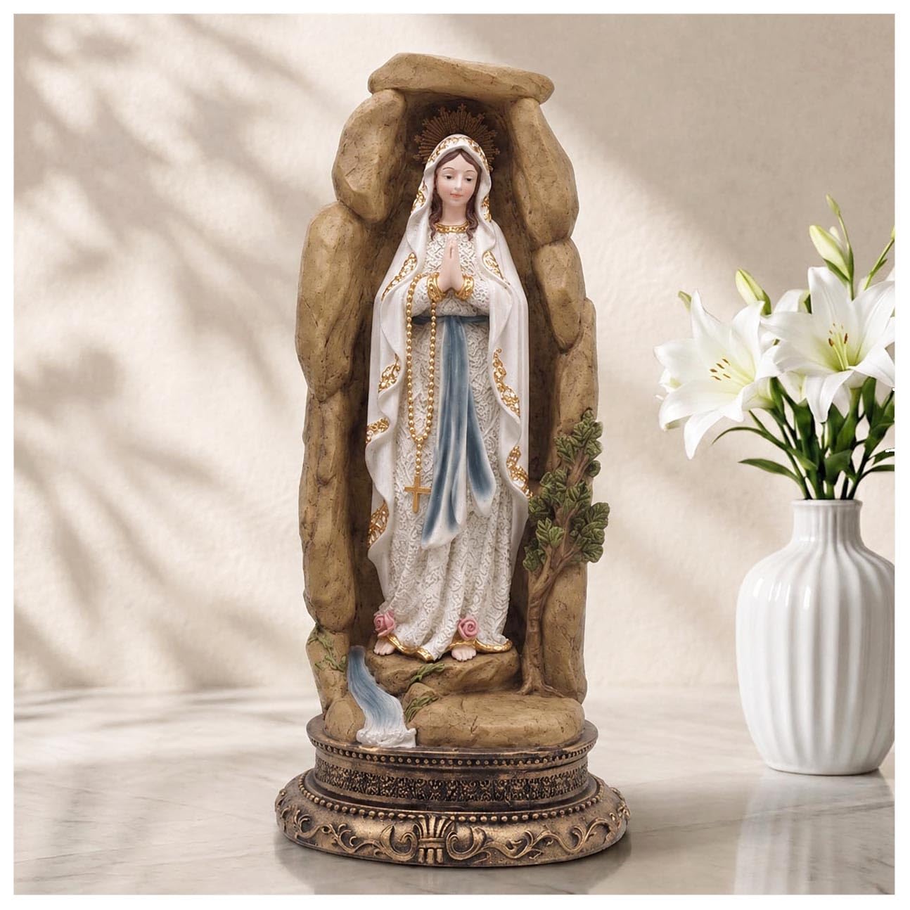 MeritMode Figurines de collection de la Vierge Marie – Notre Dame de Lourdes en forme de grotte, fabriquées à la main en résine, cadeaux religieux pour toutes les religions, 31,8 cm de hauteur