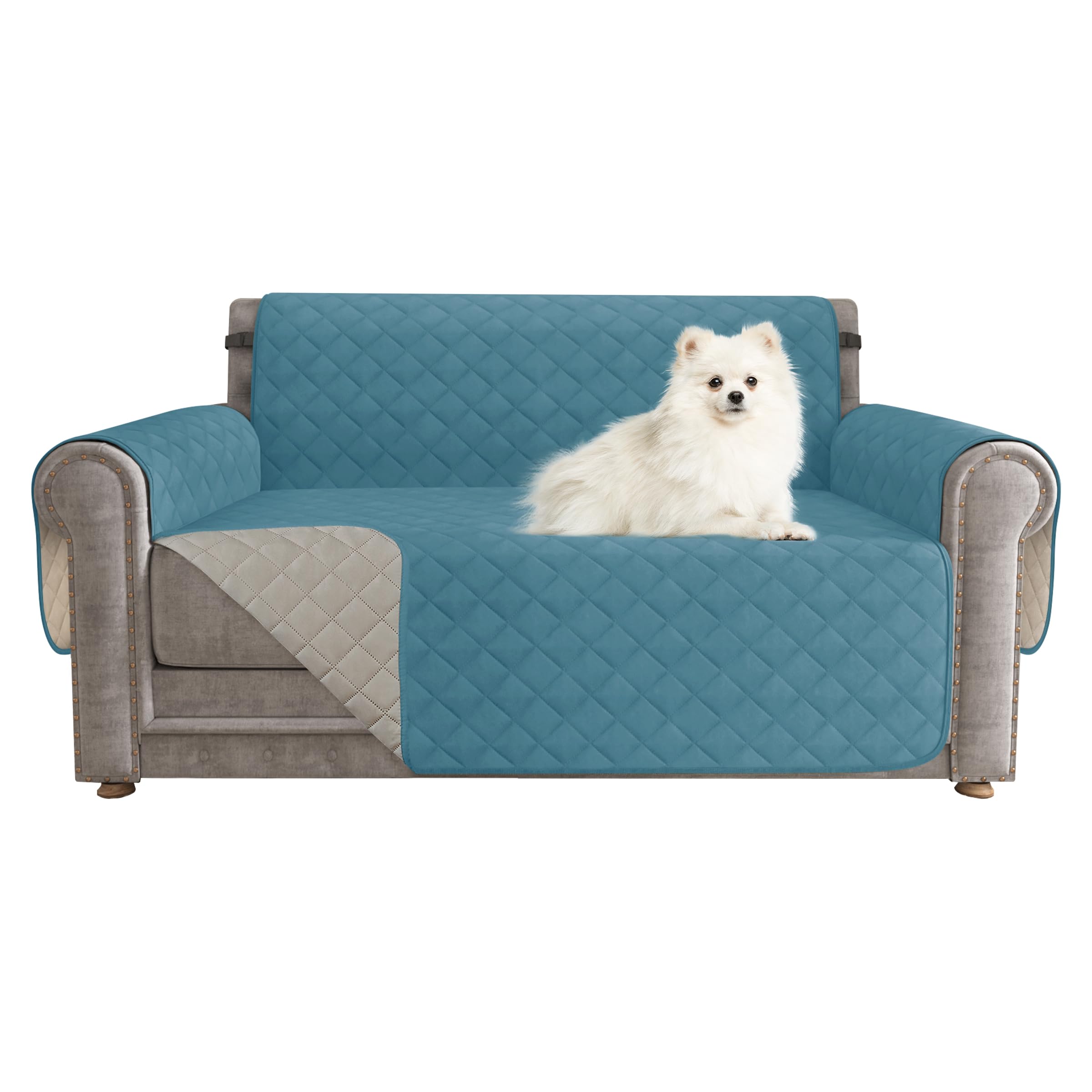 CHUN YI Loveseat Cover, Water Resistant Slipcover for 2 Cushion Couch, Reversible Washable Sofa Cover with Adjustable Strap Storage Pocket for Living Room Dog Pet (Loveseat, Teal)