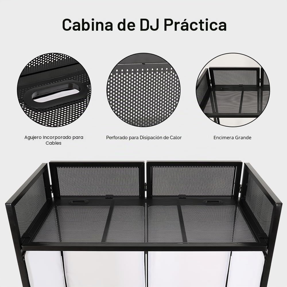 SMONTER Cabina de DJ portátil de 41 pulgadas de largo x 20 pulgadas de ancho, fachada de DJ con tela blanca y negra, estación de mesa de DJ plegable con patas ajustables para fiesta, marco de metal