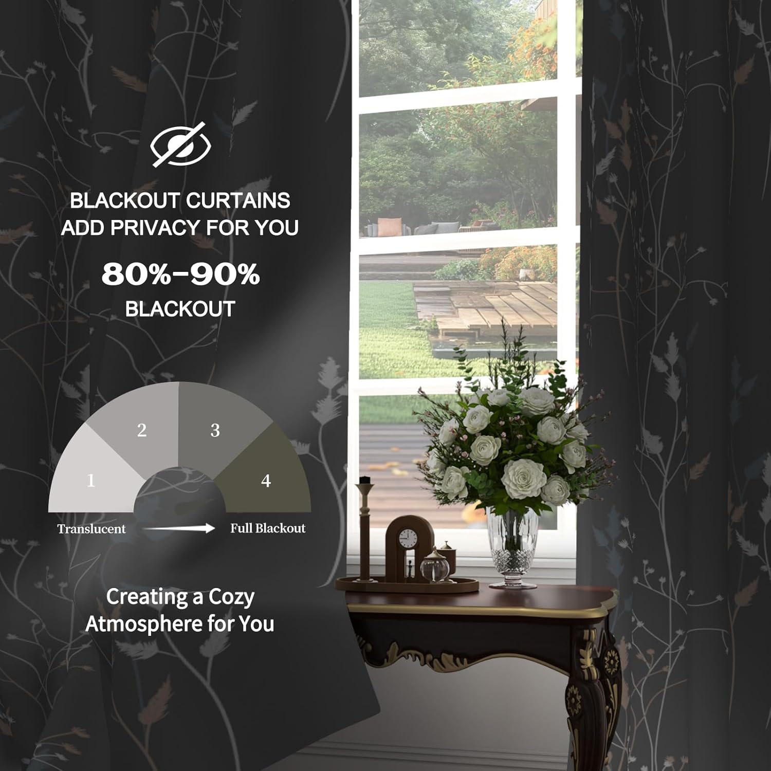 Gray Leaves Blackout Curtains 63 Inch Length, Room Darkening Curtains for Living Room Bedroom with Botanical Printed, 2 Panels Set W52xL63