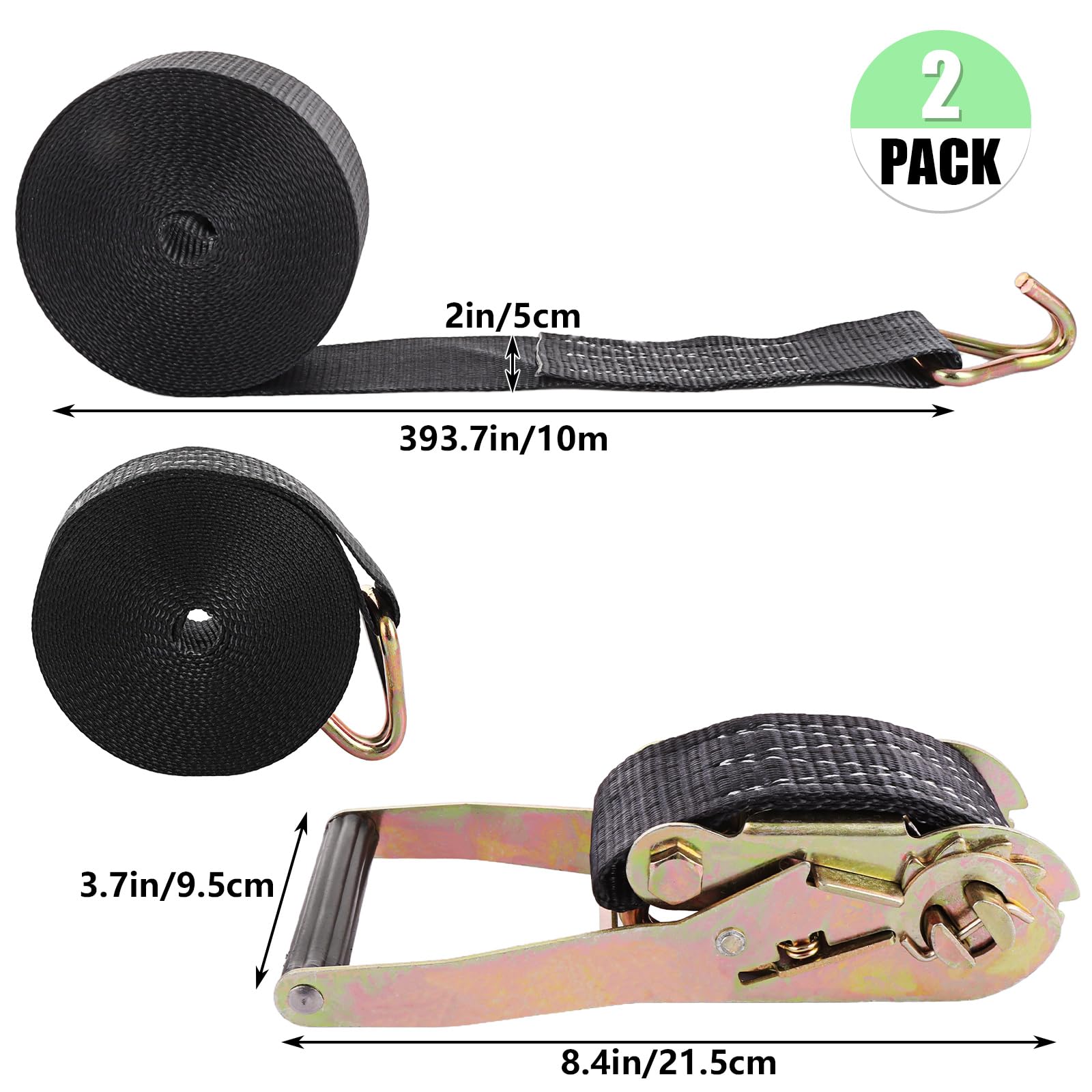 YOUNTHYE 2 Set Ratchet Straps Heavy Duty, 5cmx10m Ratchet Tie Down Straps with Metal J Hooks, 5000kg Break Strength - Image 2