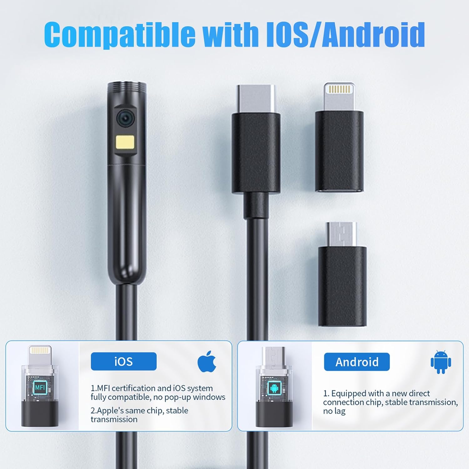 Endoskopkamera Inspection Camera USB Phone: 1920P HD Dual Lens Camera Borescope for iPhone Android - Fibre Optic Drain Camera with 8 LED light - 16.4FT Semi-Rigid Snake Cord IP67 Waterproof Black