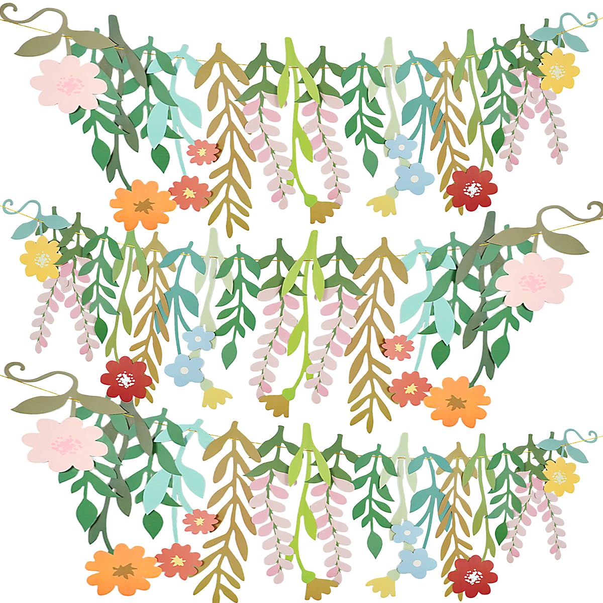 3 Pack Flower Banner, Colorful Floral Leaf Garland, Double-Sided Waterproof Boho Wildflower Party Bunting for Birthday Bridal Shower Garden Tea Party Bridal Shower Bachelorette Backdrop