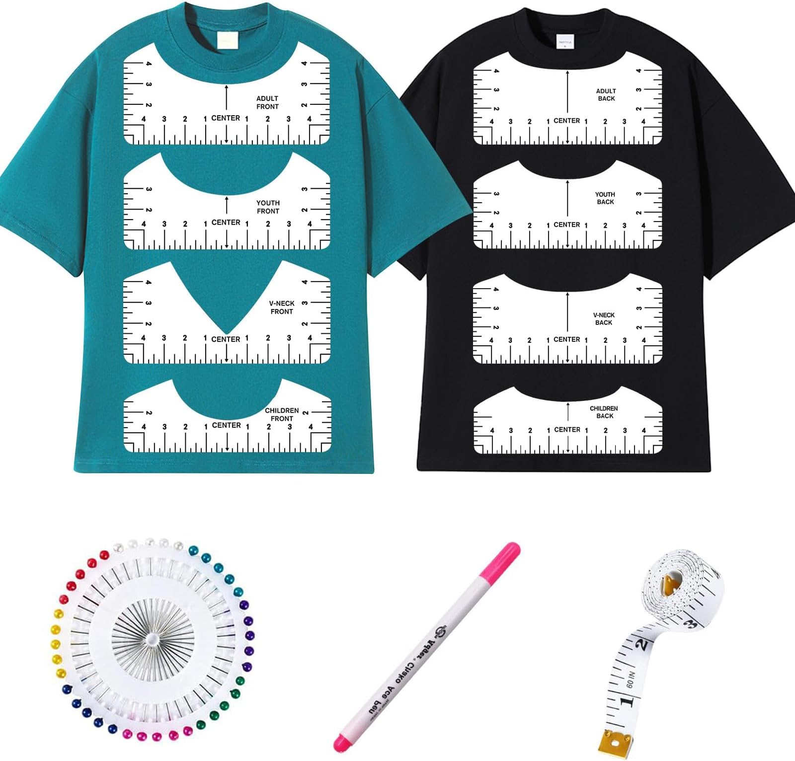 9Pcs Tshirt Ruler Guide for Vinyl Alignment,T-Shirt Ruler Guide Alignment Tool to Center Vinyl,PVC Tee Measurement Template,Front and Back Measurement for Cricut Heat Press HTV Heat Transfer Vinyl