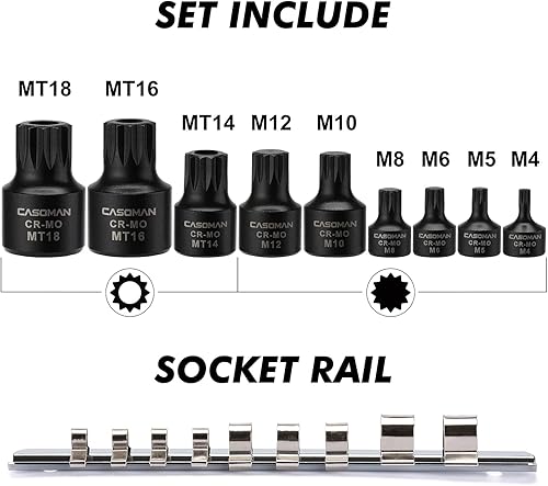 Miniatura 7 de CASOMAN E-TORX - Juego de 11 llaves de vaso hembra con riel, juego de llaves de torsión E4 - E20 y 9 piezas de perfil bajo impacto, triple cuadrado,