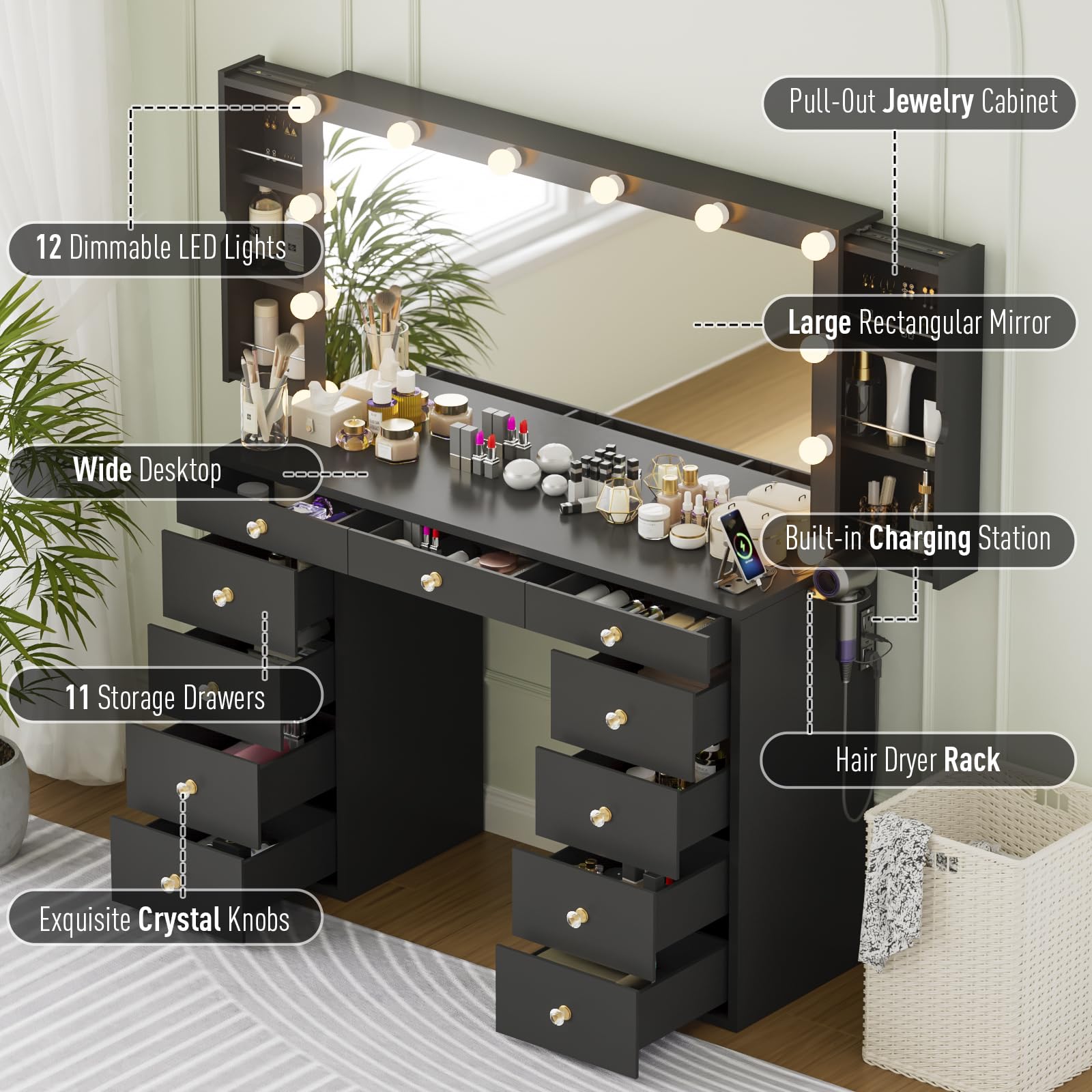 elifine Makeup Vanity Desk with Mirror and Lights, Black Vanity with Hidden Jewelry Storage Cabinet, Makeup Dressing Table for Bedroom with 11 Drawers, Crystal Knobs, 3 Lighting Modes for Women Girls