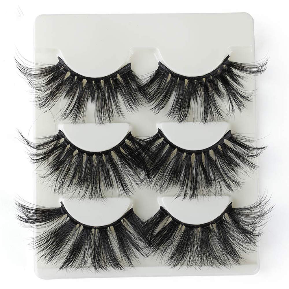 3D Mink False Eyelashes 25mm Dramatic Fake Eye Lashes Criss-cross Wispy Fluffy Handmade Eye Makeup Tools 3Pairs (Style 19)
