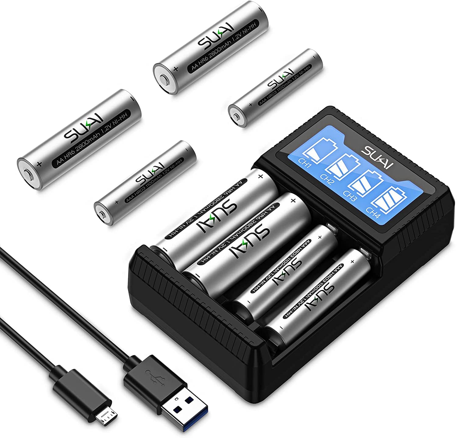 SUKAI4 Bay AA AAA Battery Charger USB High Speed Charging Independent Slot for NI-MH NI-CD Rechargeable AA AAA Batteries No Adapter(4C+4AA+4AAA)