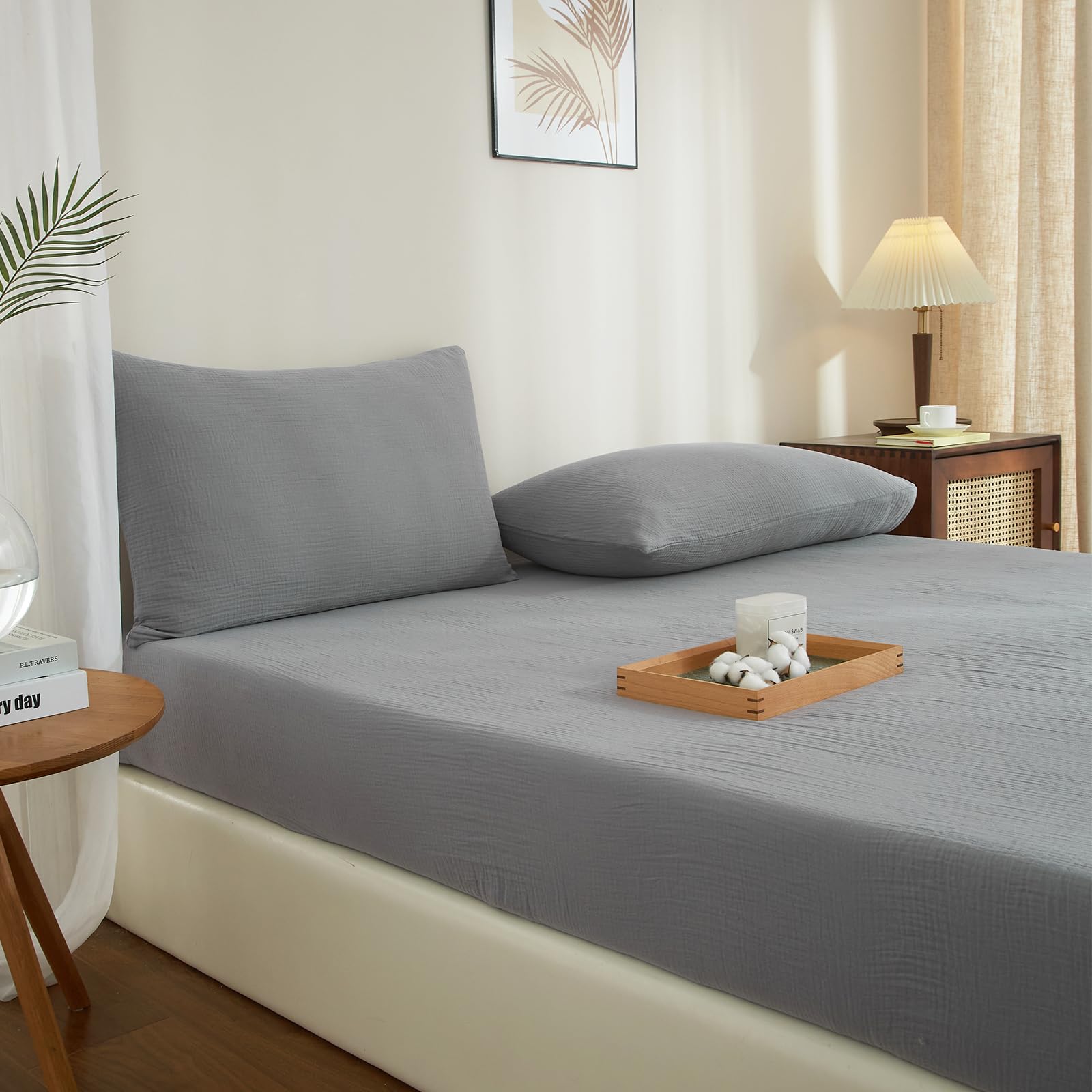 Boqingzhu Muslin Baumwolle Spannbettlaken 180x200cm Grau Dunkelgrau Anthrazit Atmungsaktiv Weich Hautfreundlich Spannbetttuch Bettlaken für Matraze bis 30cm Boxspringbett Topper