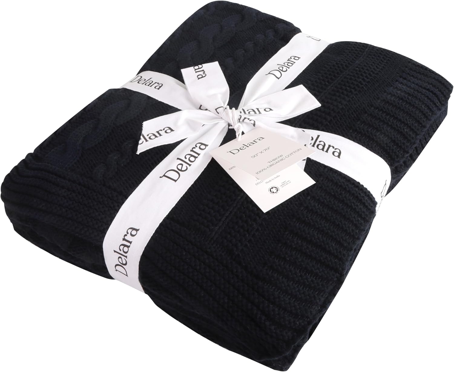 Delara Organic Cotton Throw Blanket 50x70 inches, GOTS Certified Cable Knitted Throws Blanket for Sofa Couch Bed, Baby Nursery, Lightweight Cozy Warm Decorative Blanket All Season Use (Dark Navy)