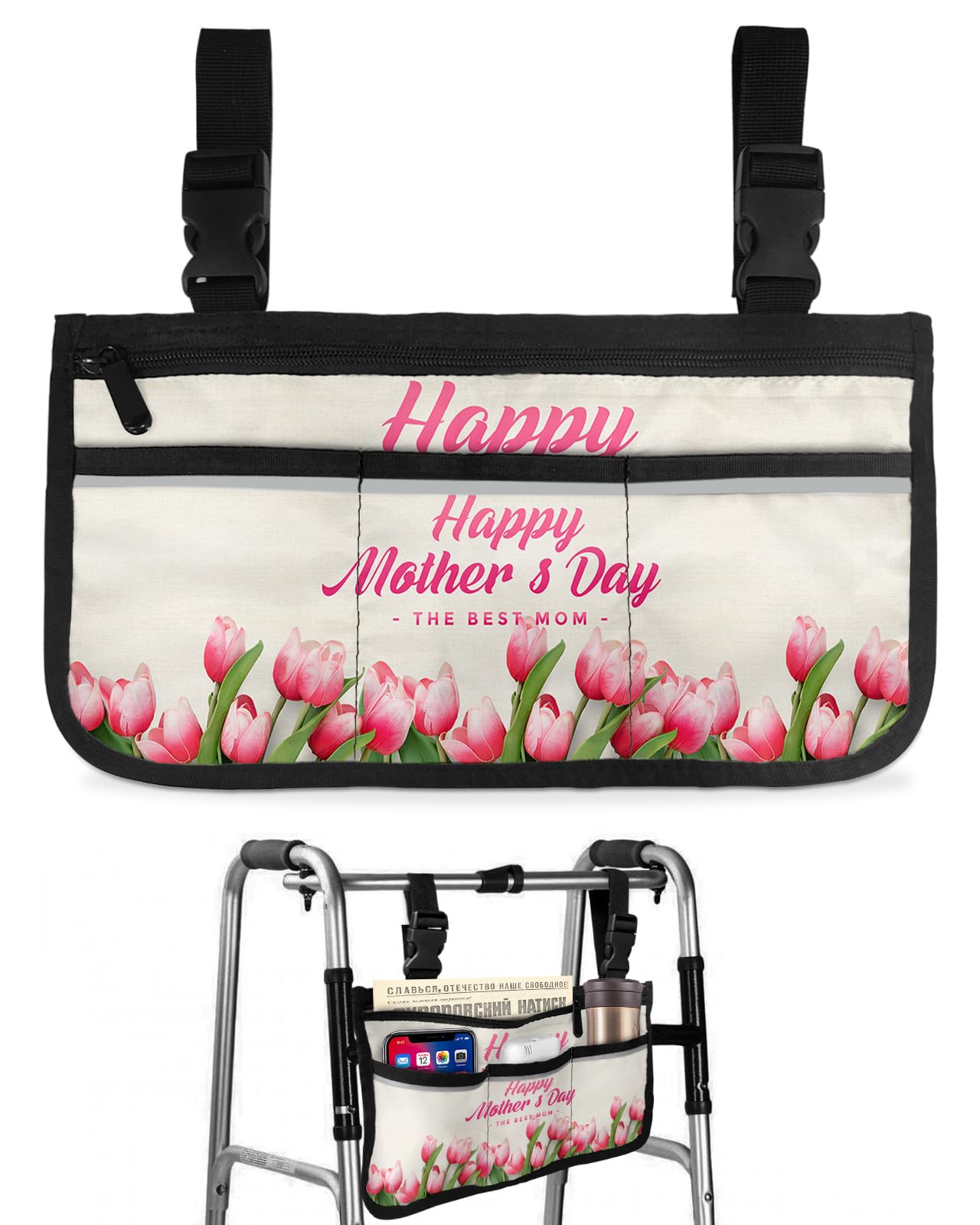 Happy Mother's Day Wheelchair Side Bag Walker Bag, Spring Tulips Flowers Wheelchair Accessories Armrest Pouch, Organizer Storage Bag for Walkers, Rollators, Scooters, 7.3''x13''