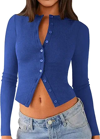 Womens Long Sleeve Tops Fall Lightweight Cardigan Cropped Going Out Shirts Ribbed Button Down Cute Trendy 2025