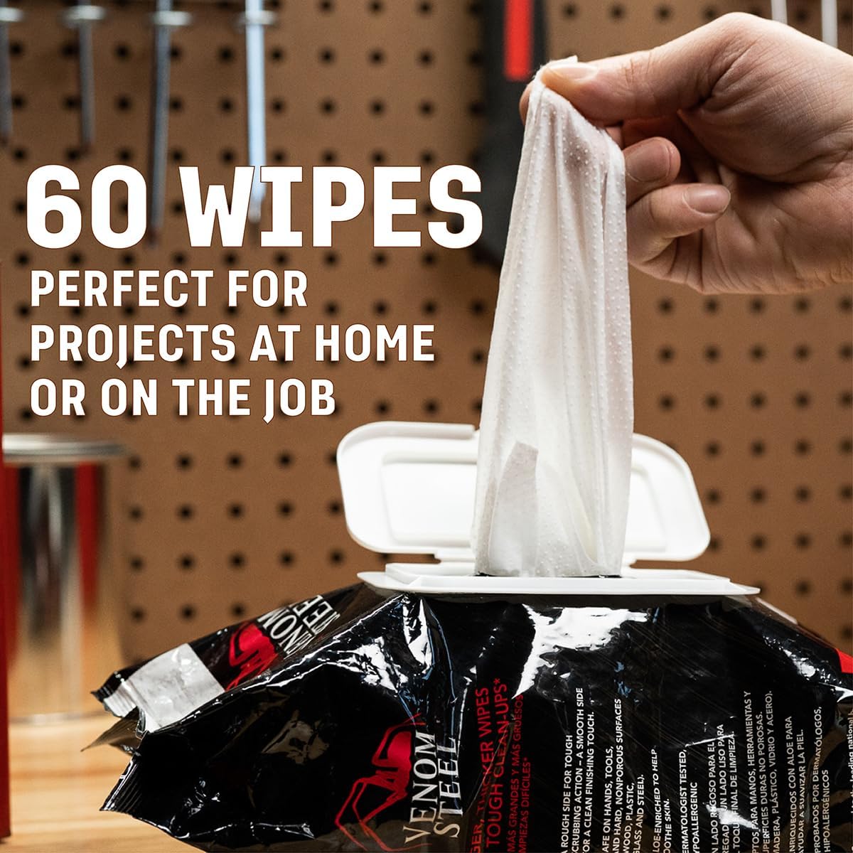 Venom Steel Workshop Wipes with Scrubbing Beads, for Grease, Grime, Oil, Paint and Caulk, Safe on Hands, Tools, and Non Porous Surfaces, Light Citrus Scent, 8" x 12" Cloths, 60 Wipes - Image 6