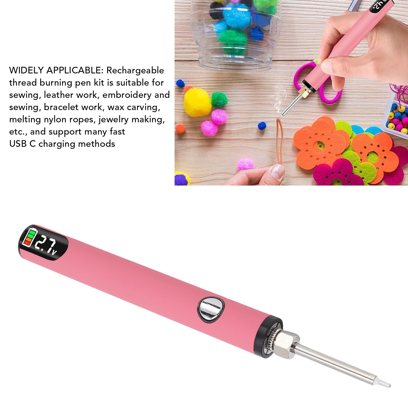 YUEHISY Brûleur de Fil Numérique LCD, Stylo à Fil sans Rechargeable par USB, Arrêt Automatique, 3 Réglages de Température pour le Tissage, la Sculpture sur Cire, la Couture et le (PINK)