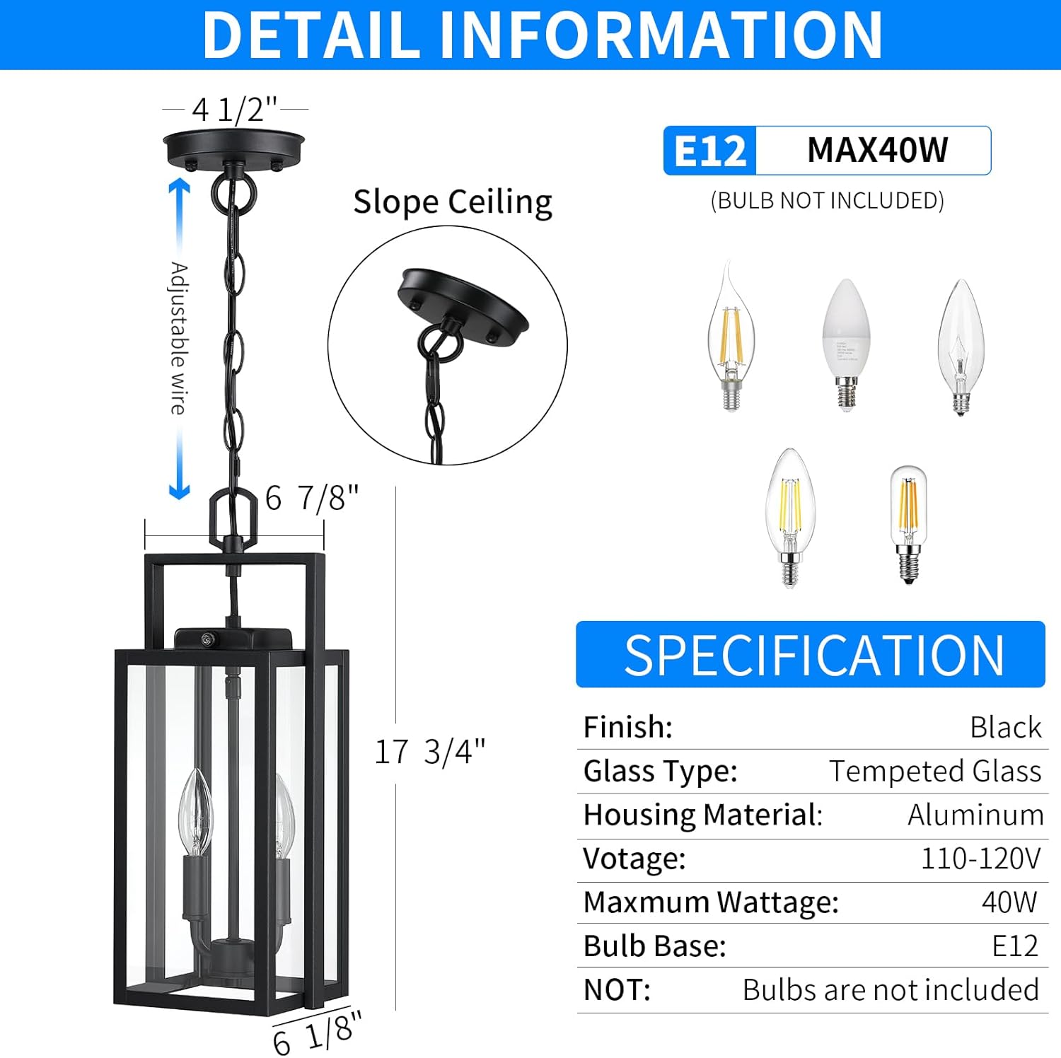17.8'' Large Dusk to Dawn Outdoor Pendant Light 2-Light, Modern Black Metal Outside Chandelier Exterior Hanging Fixture Ceiling Mount with Clear Glass for Front Porch Entrance Entryway, 1 Pack