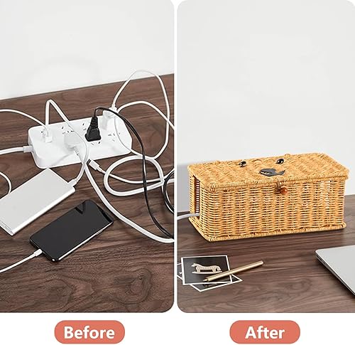 Miniatura 5 de Caja oculta de cables, organizador de cables de ratán de imitación, caja de almacenamiento con tapa, 2 ranuras abiertas, extensión de cable, cesta