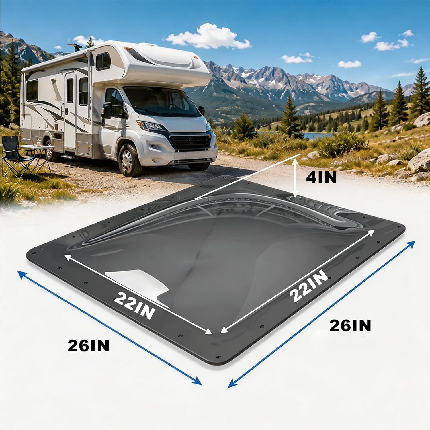 Jack Boss RV Skylight Replacement, 26" x 26" Camper Skylight Cover, RV Shower Skylight Cover Outer Dome Fit Standard 22" x 22" Openings, for Roof Trailer Fifth Wheel Motorhome, Smoke Gray