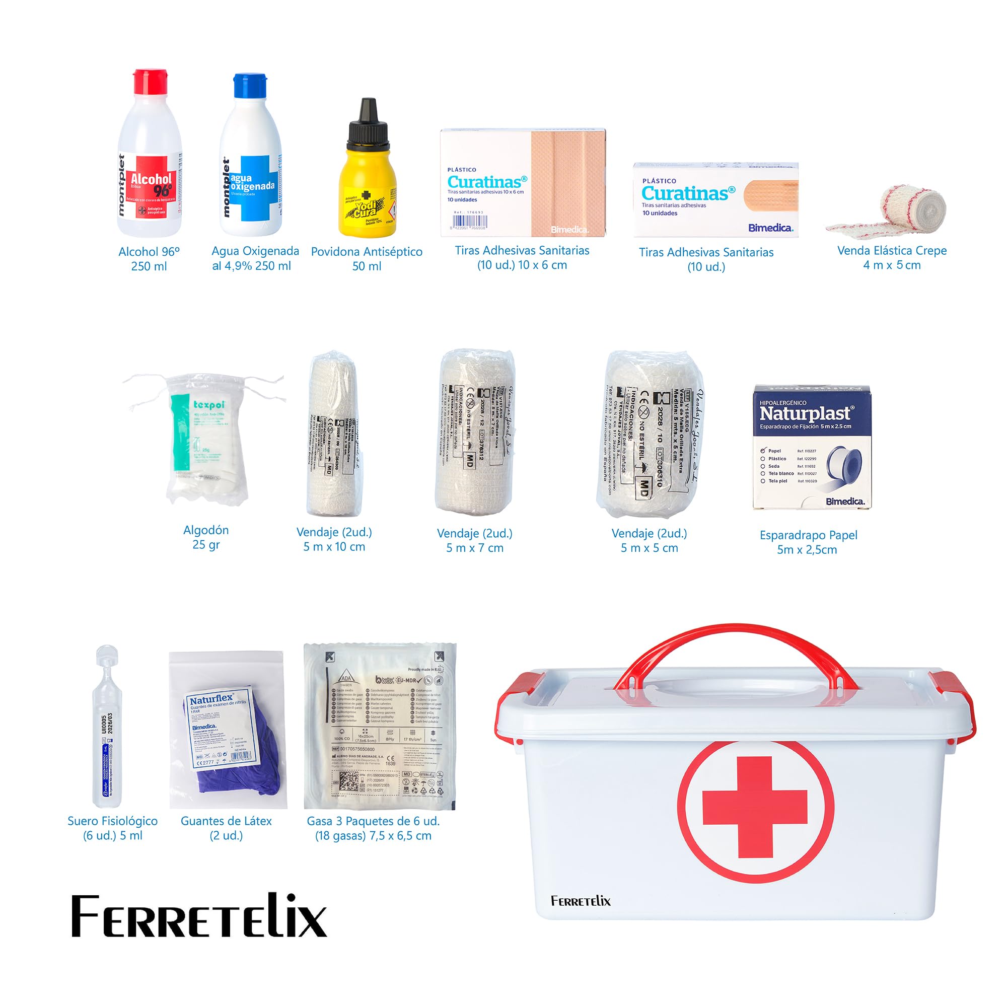Farmalix Botiquin caja primeros auxilios con tapa 4 litros medidas: 28cmx19cmx13cm equipado con varios artículos para realizar las primeras curas en caso de emergencia