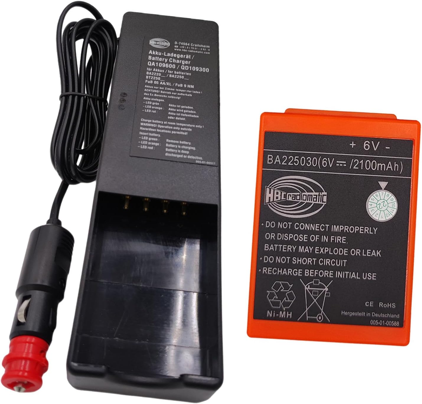 (1 x Charger + 1 x Battery) QA109600/QD109300 DC 10V-30V Charger with HBC Radiomatic 6V 2100mAh BA225030 Ni-MH Rechargeable Battery for HBC Radiomatic BA225030 Battery Charger