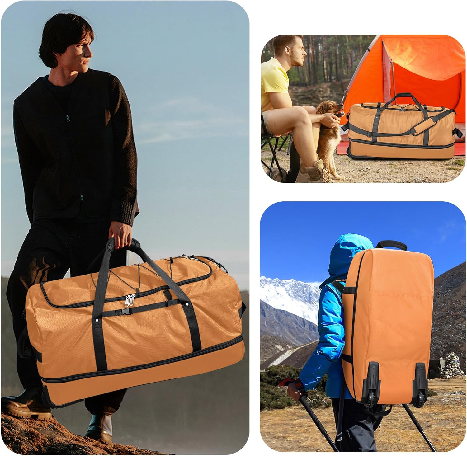 Vomgomfom 32" Soft-Sided Foldable Wheeled Travel Duffel Bag,Expandable 110L to 140L Rolling Cargo Bag with 2 Wheels and Multiple Pockets,Brown - Image 6