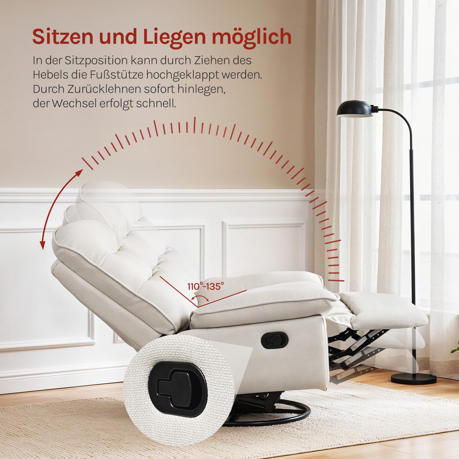 WOLTU Relaxsessel mit Liegefunktion, 95 cm breite Sitzfläche, Beige | drehbarer Fernsehsessel, mit klappbarer Fußstütze, Seitenfach, bis 150 kg, für Wohnzimmer Schlafzimmer Arbeitszimmer