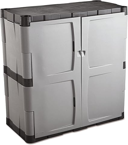 Rubbermaid Freestanding Storage Cabinet with Doors 18"D x 36"W x 37"H Medium Gray/Black Two-Shelf Lockable Cabinet for Indoor/Outdoor/Garage Storage for Garden Tools/Lawn Care Accessories