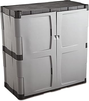 Rubbermaid Freestanding Storage Cabinet with Doors 18"D x 36"W x 37"H Medium Gray/Black Two-Shelf Lockable Cabinet for Indoor/Outdoor/Garage Storage for Garden Tools/Lawn Care Accessories