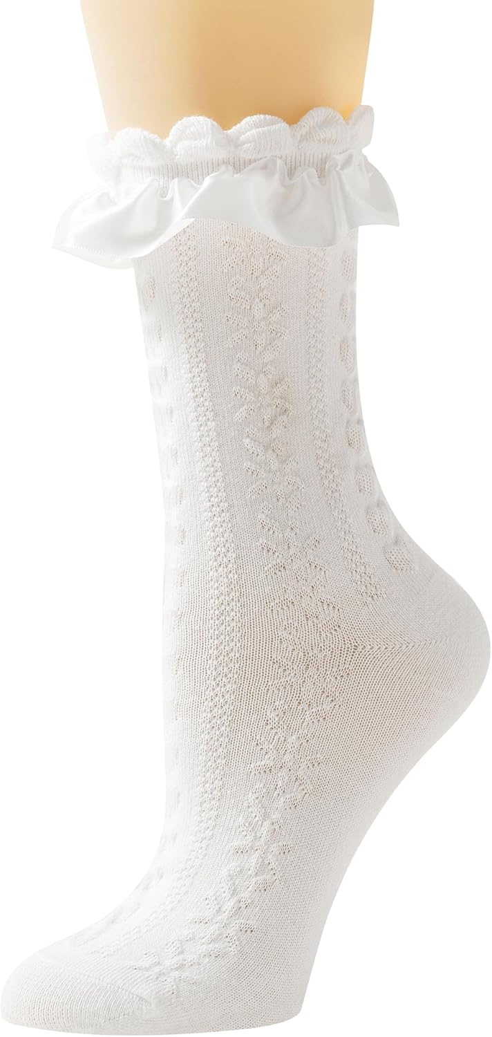 Women's White Ruffle Socks With Lace & Bow - Frilly Ankle High Lolita Style Socks