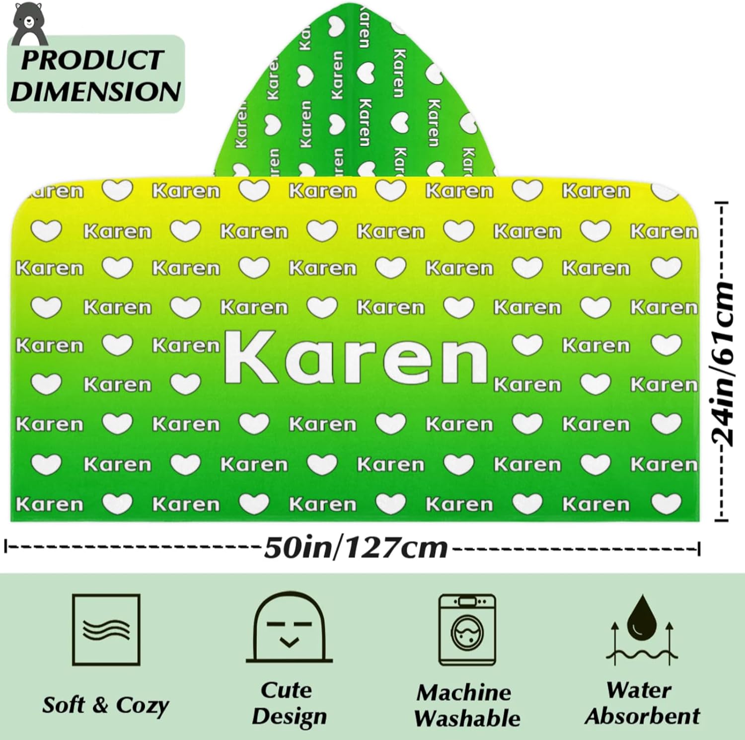 Custom Name Beach Towel with Hood for 3-10 Years Boys and Girls, Yellow Green Gradient Personalized Hooded Towels Bath Robe for Kids, Children's Hooded Bath Towel
